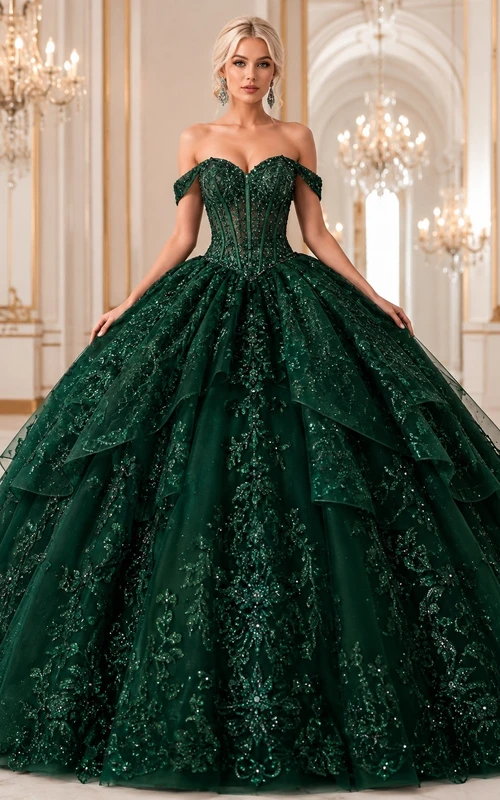 Dark Green Off-Shoulder Corset Lace Ball Gown Floor-Length Luxury Quinceanera Dress