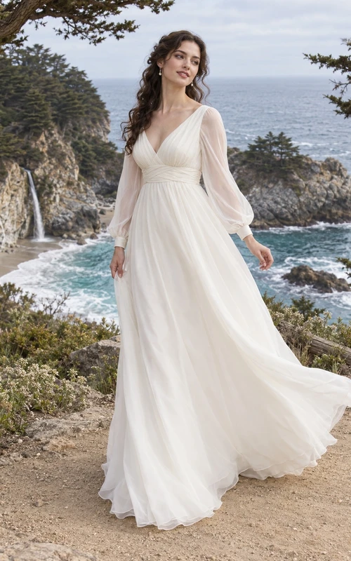 Vestido de novia sencillo de manga larga, estilo imperio, escote en V y largo hasta el suelo, de organza fruncida.