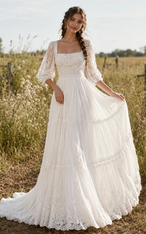 Boho Square Neck Puff Sleeve Tiered Meadow Bridal Gown