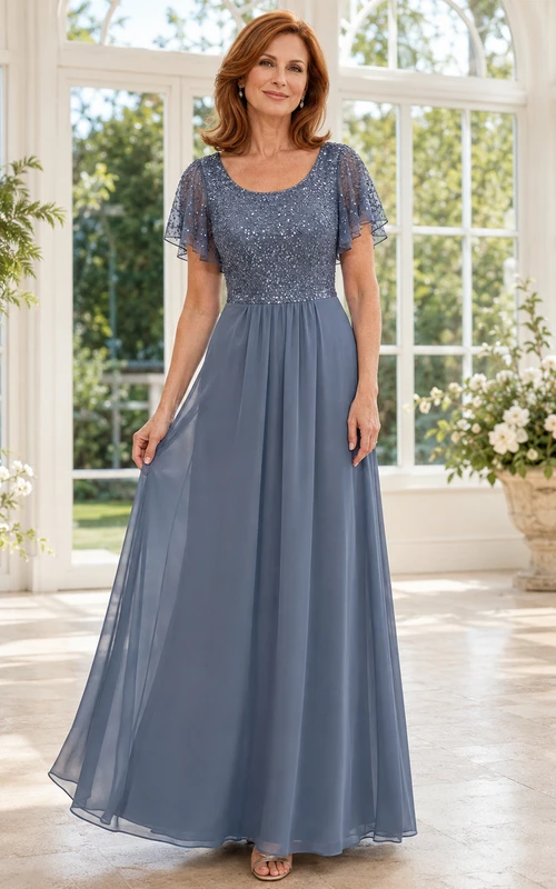 Elegantes, bodenlanges Chiffonkleid in Stahlblau mit A-Linien-Schnitt, Rundhalsausschnitt, paillettenbesetztem Oberteil und flatternden Ärmeln für die Mutter der Braut.