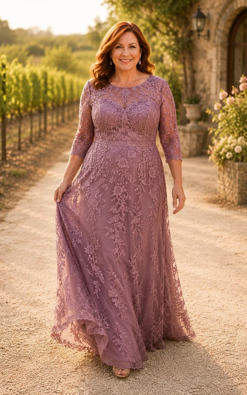 MOB-Kleid, mauvefarbene Spitze, A-Linie, 3/4-Ärmel, Rundhalsausschnitt, bodenlang