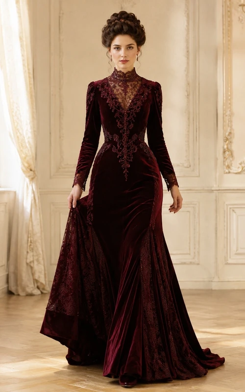 Edwardian Burgundy High-Neck Long Sleeve Velvet Tiered Formal Dress