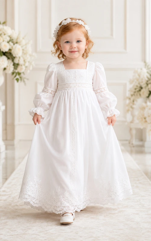 Bishop Sleeve Baptism Gown A-Line Lace Satin Square Neck Floor-Length