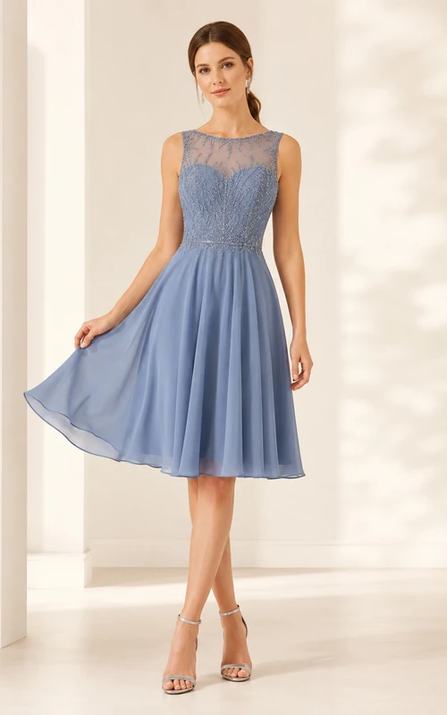 Vestido de cóctel de gasa azul acero con escote ilusión y corte en A