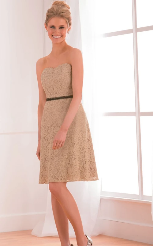 Sweetheart A-Line Short Lace Bridesmaid Dress With Beaded Waistline