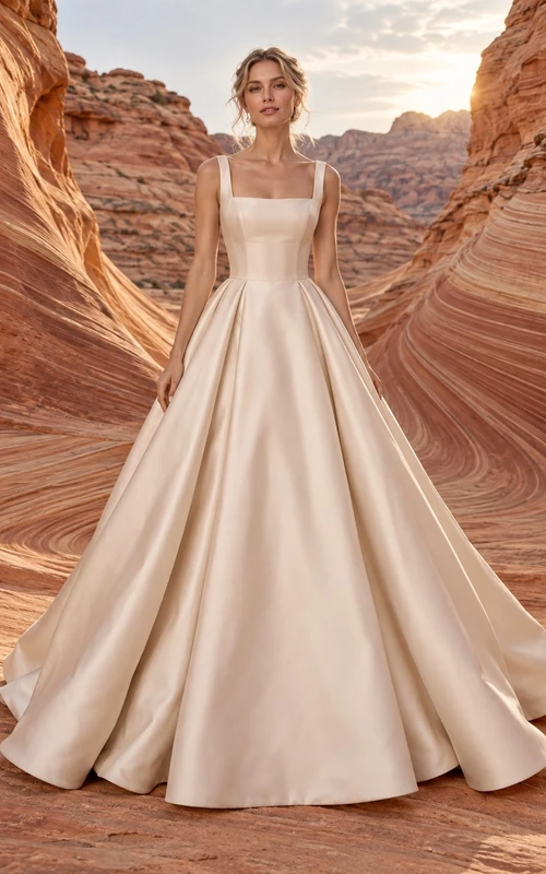 Vestido de novia sencillo de satén plisado sin mangas con escote cuadrado, largo hasta el suelo.