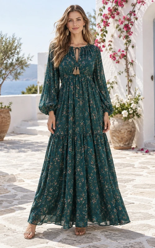 Vestido largo estilo bohemio con mangas largas, estampado floral de pavo real, borlas y volantes.