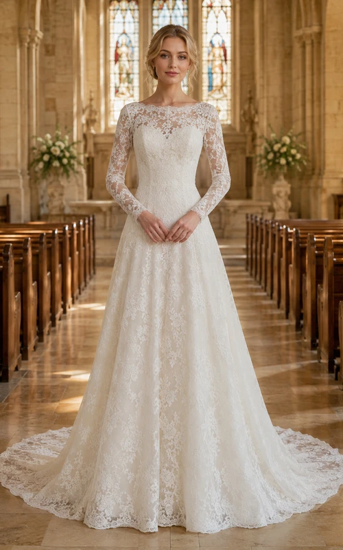 Vestido de novia de capilla con falda caída, encaje y mangas largas