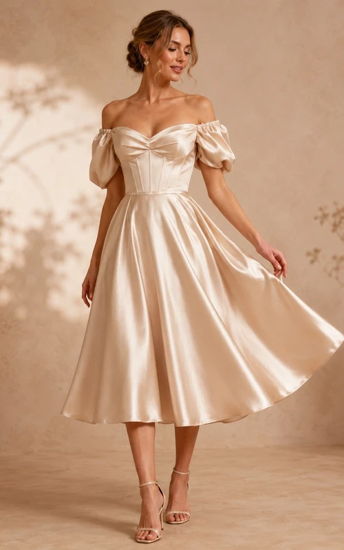 Champagnerfarbenes, schulterfreies, kurzärmeliges A-Linien-Cocktailkleid aus Satin mit Falten in Teelänge