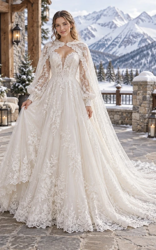 Vestido de novia de invierno con capa, manga larga, escote en V y encaje floral, corte en A