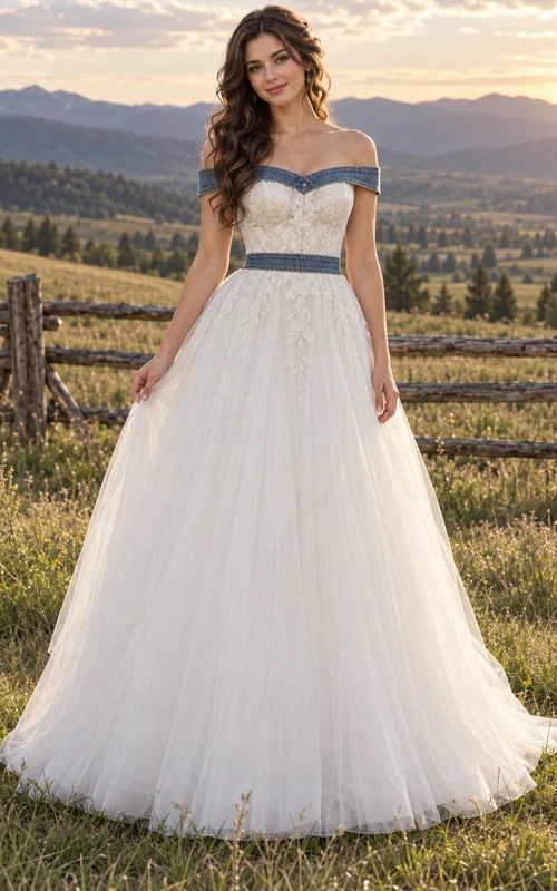 Vestido de novia de corte A con encaje y tul estilo western country, hombros descubiertos, bandas y cinturilla de mezclilla azul.