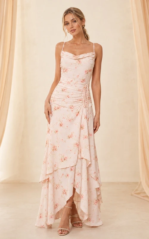 Blush Floral Spaghetti Strap Asymmetrical Tiered Floor-Length Chiffon Dress