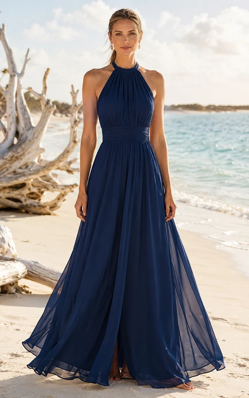 Navy halter chiffon A-line beach maxi occasion dress