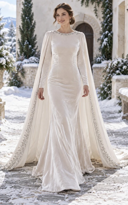 Vestido de novia de invierno estilo sirena con manga larga, cuello joya, borde de cristal y capa de terciopelo.