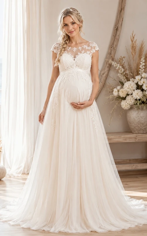 Vestido de novia premamá de corte A con cola, manga corta y encaje