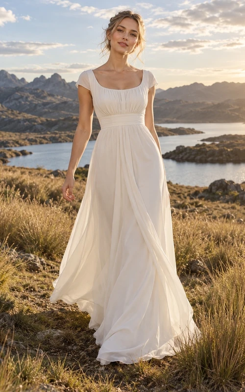 Vestido de novia de georgette con escote redondo, mangas cortas, corpiño plisado y falda en línea A.