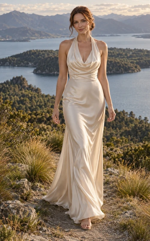 Schlichtes champagnerfarbenes Brautkleid aus Satin mit Neckholder und Wasserfallausschnitt, rückenfrei