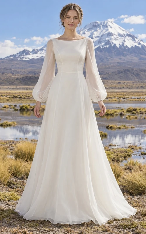Sencillo y modesto vestido de novia bohemio de organza de manga larga con escote barco y corpiño con paneles.
