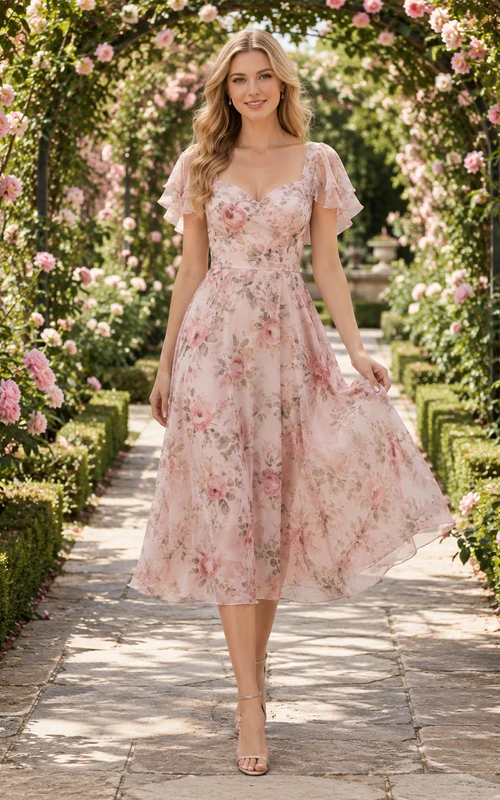 Blush Floral Garden Wedding Guest Dress A-Line Chiffon V-Neck Short Sleeve Tea-Length Floral Print