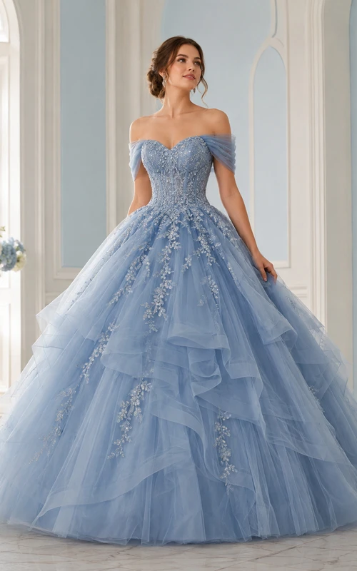 Slate Blue Luxury Off Shoulder Sweetheart Layered Applique Tulle Quinceanera Princess Ball Gown