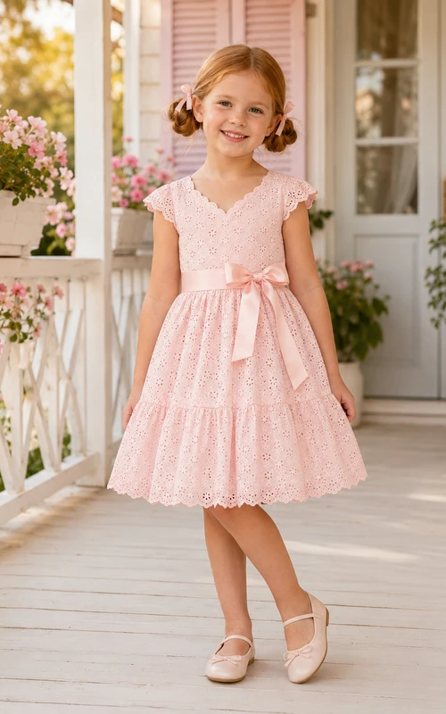 Robe de demoiselle d'honneur rose poudré, romantique, en dentelle ajourée, col en V, manches pétales, nœud sur le devant, à volants, longueur genou, coupe trapèze.