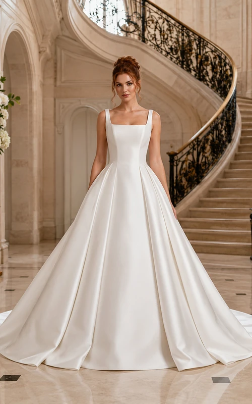 Vestido de novia de satén y tul, estilo princesa, con escote cuadrado, sin mangas, cola larga y espalda en V baja.