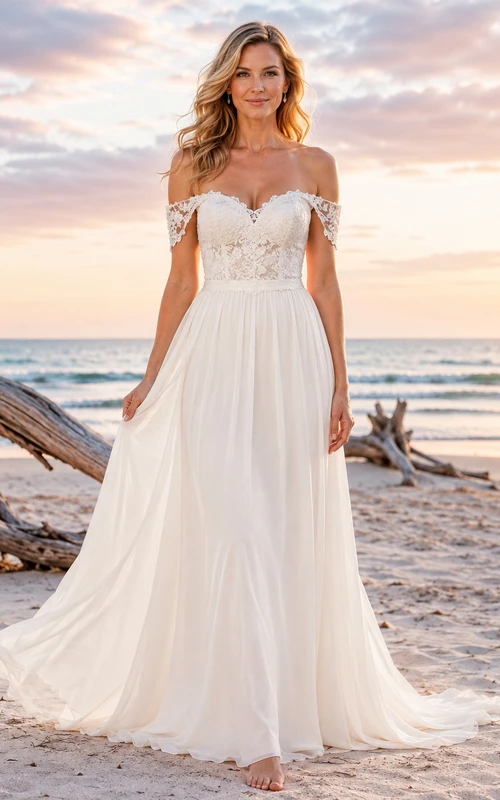 Robe de mariée romantique en mousseline de soie et dentelle, épaules dénudées, décolleté cœur, idéale pour la plage.