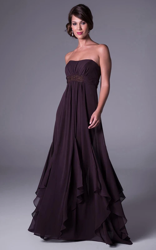 A-Linien-Brautjungfernkleid aus Chiffon, ärmellos, bodenlang, trägerlos, im Empire-Stil mit Taillenschmuck