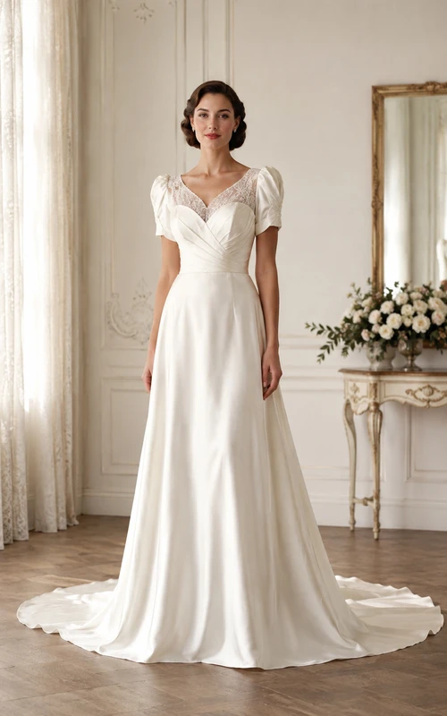 Short Puff Sleeve Lace A-Line Vintage Wedding Dress
