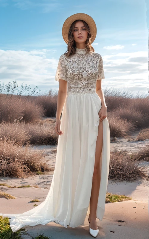 Robe de mariée deux pièces décontractée à col montant et manches courtes avec haut en dentelle