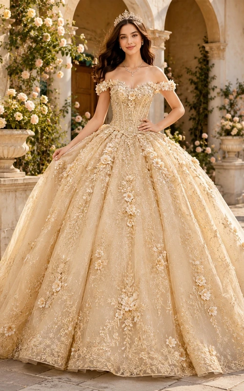 Off-Shoulder Champagne Quinceanera Ball Gown with Gold Lace Appliques