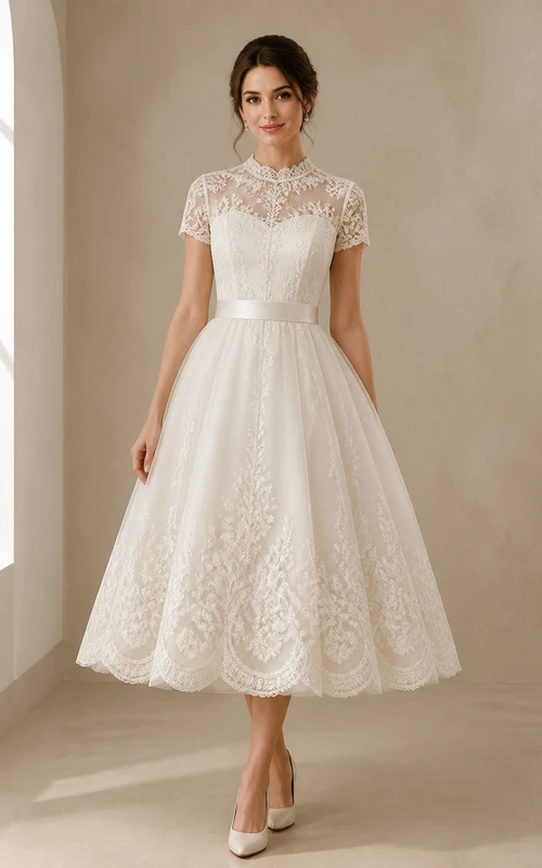 Vestido de novia civil modesto de corte A con cuello alto y encaje, largo hasta la rodilla