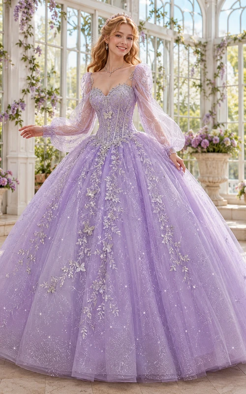 Vestido de princesa de quinceañera de lujo color lila plateado con mangas abullonadas largas y escote en V con brillo