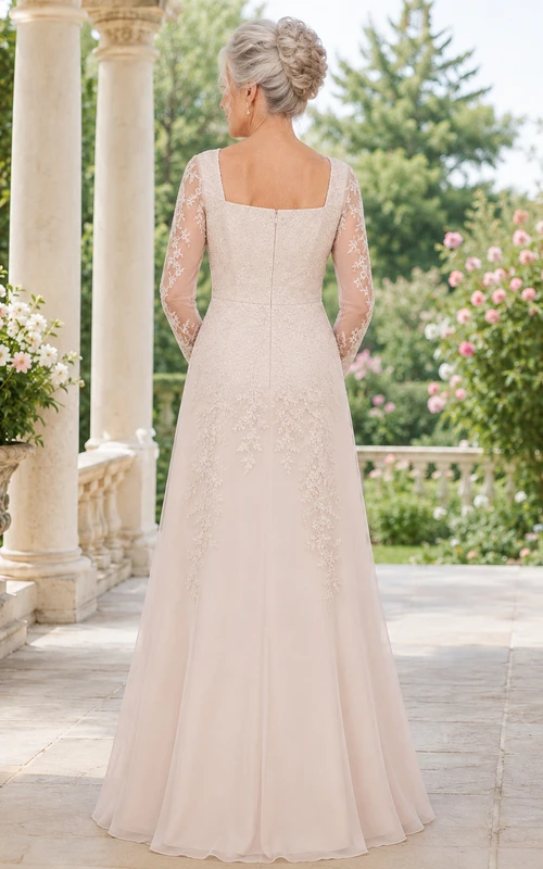 Robe de mariée longue trapèze à col carré et manches illusion en dentelle, style sobre, pour mariées plus âgées