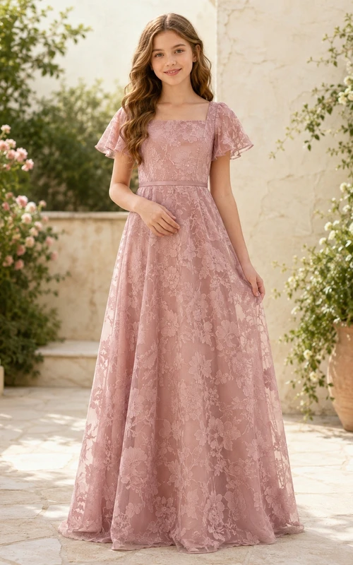 Vestido de dama de honor juvenil color rosa empolvado, corte en A, manga cuadrada con pétalos, estampado floral vintage.