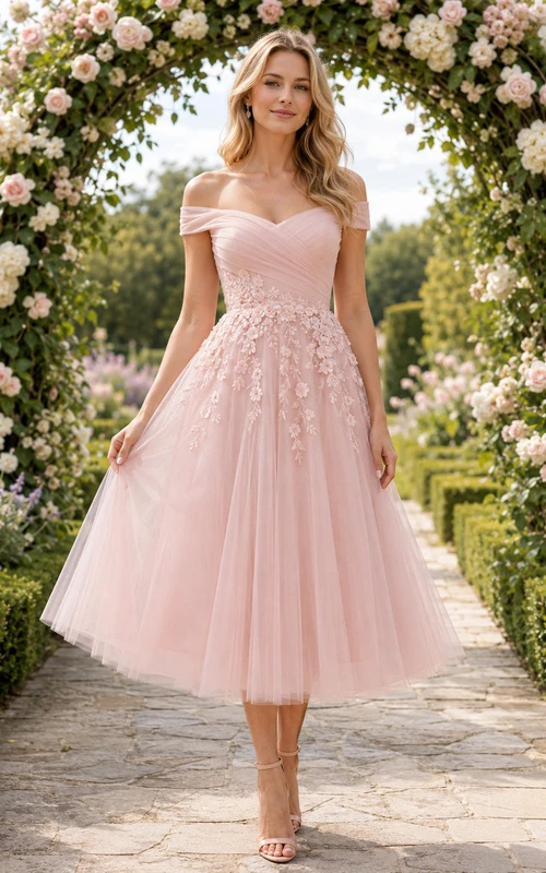 Robe midi rose poudré à épaules dénudées en tulle orné d'appliqués, style jardin