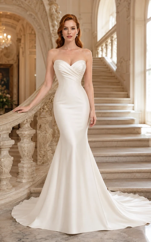 Satin Wedding Dress Mermaid Strapless Floor Length Low V Back Bridal Gown