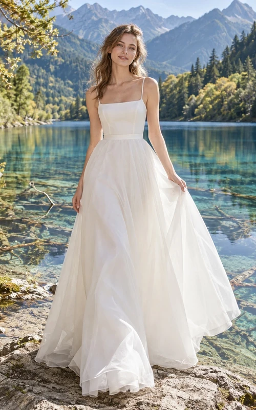 Vestido de novia sencillo de organza con escote cuadrado y tirantes finos, corte en A