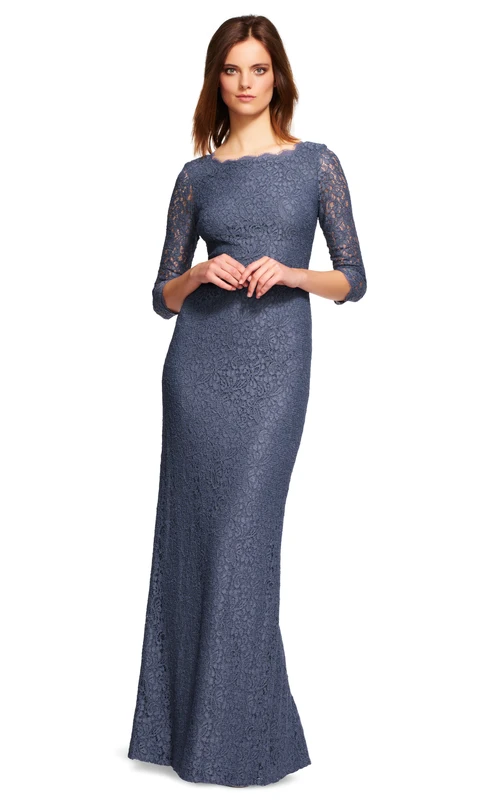 Etuikleid mit 3-4 Ärmeln, U-Boot-Ausschnitt, langem Rückenschlitz und Spitze für Brautjungfern