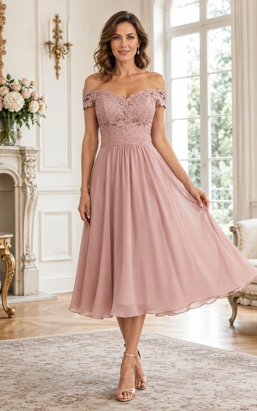 Dusty Rose Off-the-shoulder Pleated Chiffon A-Line Tea-length Romantic Dress
