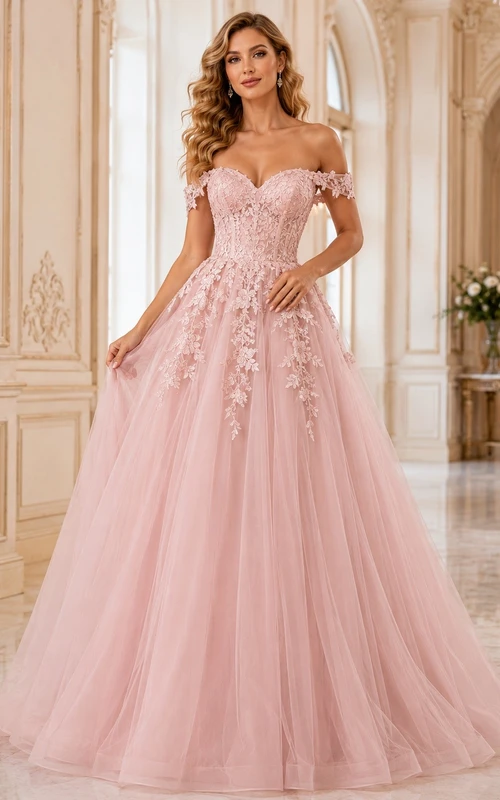 Vestido de gala de princesa de tul rosa con hombros descubiertos