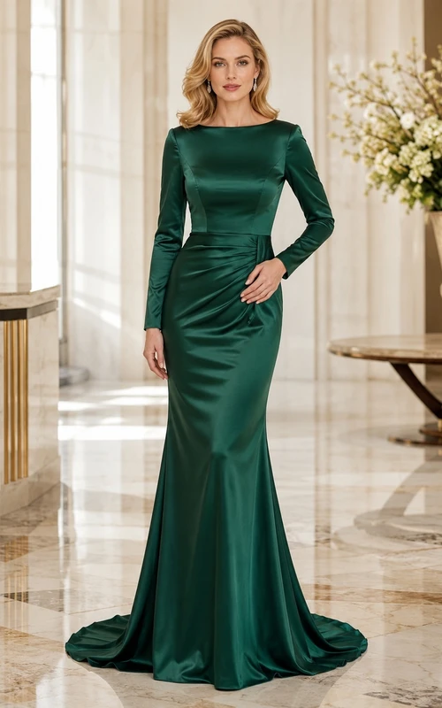 Dark Green Evening Polished Mermaid/Trumpet Bateau Satin Long Sleeve Floor-length Sexy Dress