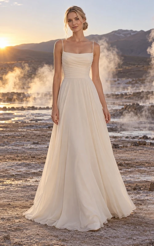 Sencillo vestido de novia color champán de corte A con tirantes finos y corpiño fruncido.