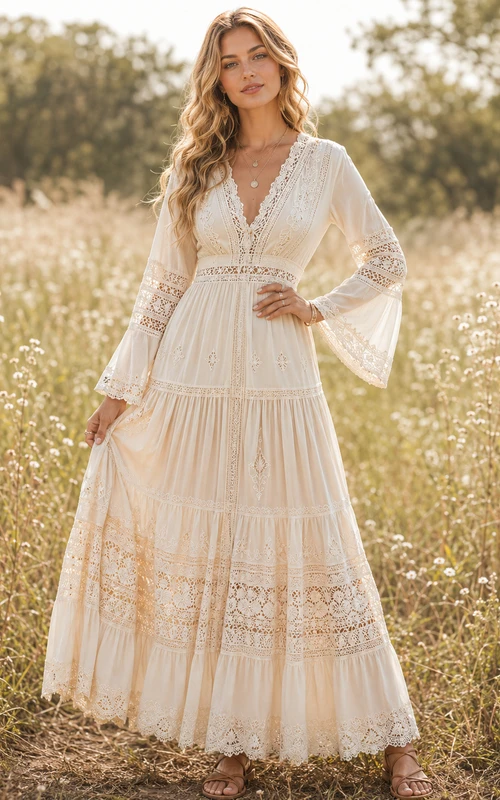 Wheatfield Folklore Ivory A-Line Ankle-Length V-Neck Long-Sleeve Lace Bohemian Guest Dress