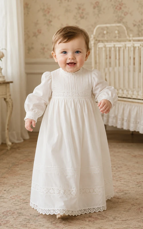 Weißes Taufkleid mit langen Ärmeln und gerafftem Spitzensaum für Jungen