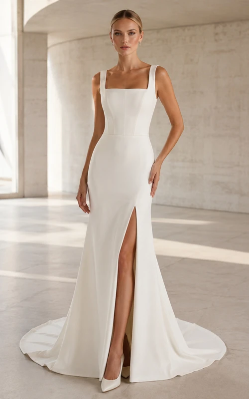 Robe de mariée minimaliste en satin, coupe sirène, col carré, sans manches, traîne.