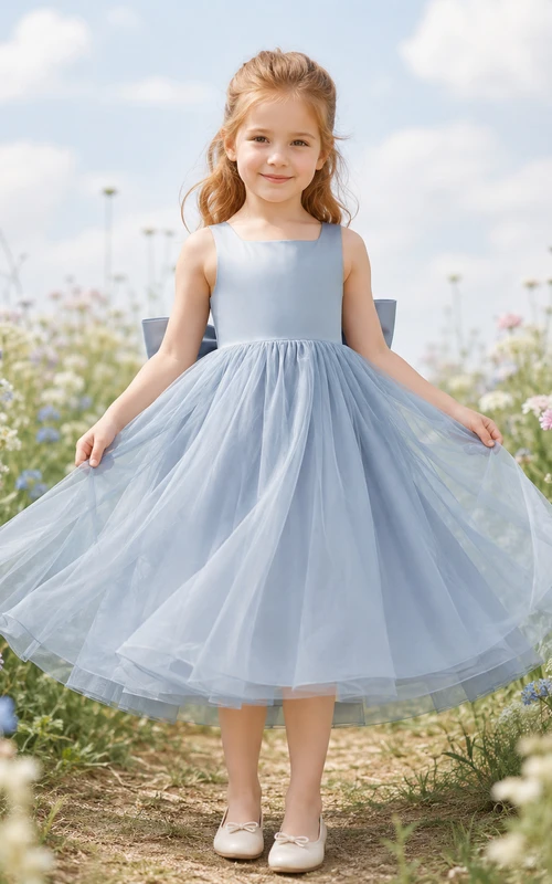 Blaues A-Linien-Kleid aus Tüllspitze für Blumenmädchen mit kurzen Ärmeln, V-Ausschnitt, wadenlangem Rock und Schleifendetail.