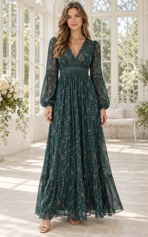 Vestido de invitada de boda bohemio con estampado floral, manga larga y escote en V con diseño de pavo real.