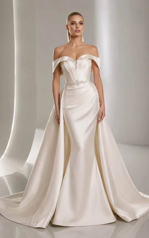 Robe de mariée sirène en satin radieux, épaules dénudées, manches courtes, traîne et jupe amovible.
