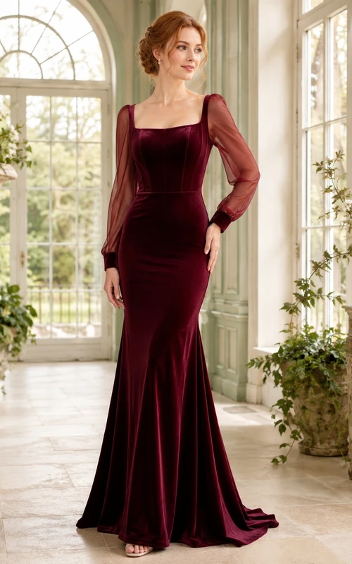 Burgundy Vintage Velvet Square Neck Illusion Long Sleeve Mermaid Floor-length Elegant Gown
